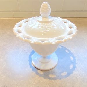 Vintage Milk Glass Footed Bowl Lacey Rim Harvest Pattern With Lid